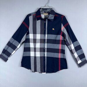 Burberry Check Poplin Shirt Mens Size XL 3/4 Sleeves Collared Gary Blue